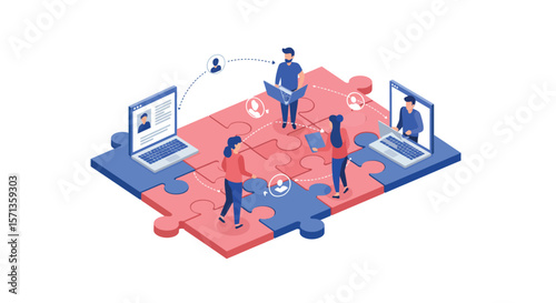 Collaborative teamwork concept in isometric vector illustration for online communication design