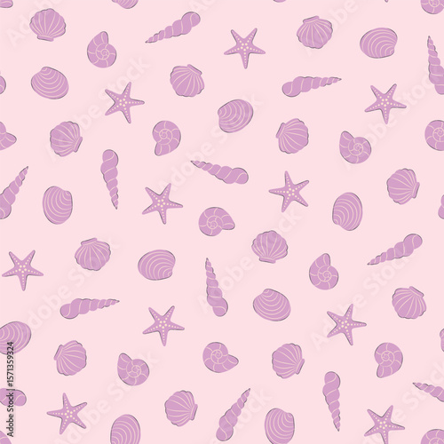 Seamless pattern with pink sea shells and starfish on a light pink background. Vector editable background.