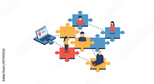 Collaborative teamwork concept with people on puzzle pieces and laptop vector illustration