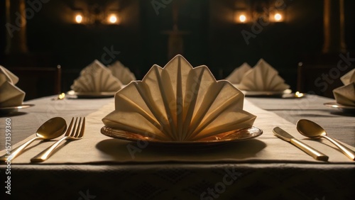 Elegant dining setup featuring folded napkins and silverware, set in a dimly lit room for an intimate meal.