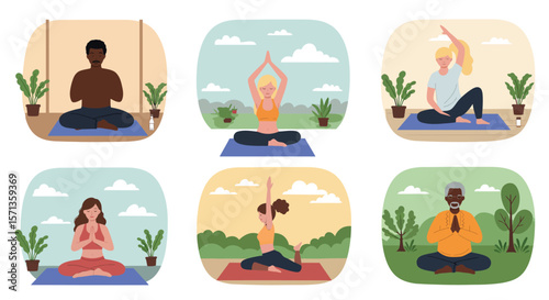 Diverse yoga poses vector illustration for wellness and meditation design