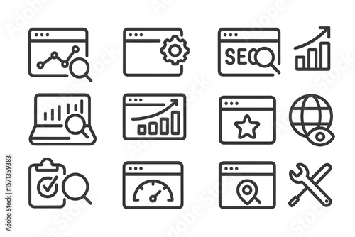 Seo and web analytics line style vector illustration for business and marketing design