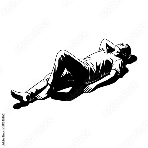 Minimalist black and white illustration of a man lying on the floor and relaxing