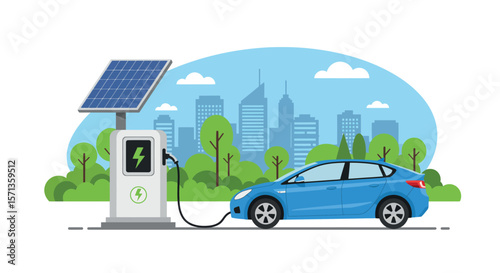 Eco-friendly electric car charging scene with solar panel in urban setting vector illustration