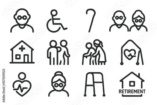 Elderly care vector illustration set for healthcare and retirement design in line art style