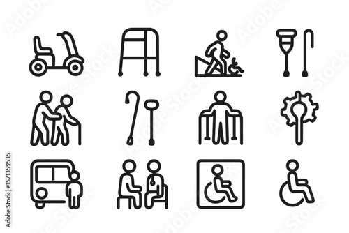 Accessibility and mobility aids vector illustration: icons of wheelchair, walker, crutches, and assistance for elderly