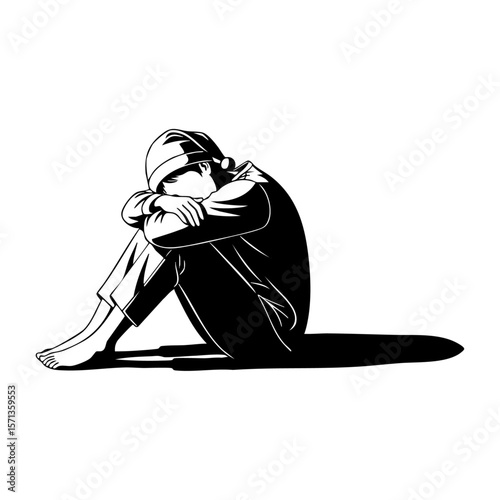 Minimalist black and white illustration of a man sleeping in a curled up position