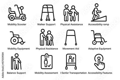 Mobility and accessibility vector illustration: adaptive equipment icons for design and print