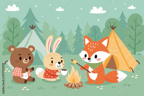 Vector illustration of adorable cartoon forest animals camping bears, foxes, rabbits, camping gear, trees, happy, campfire, stars.