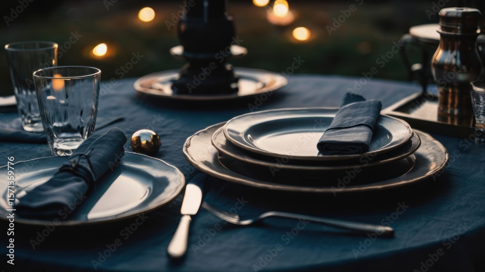 Fototapeta premium A beautifully set dining table with elegant plates, glassware, and candlelight, creating an inviting atmosphere for a meal.