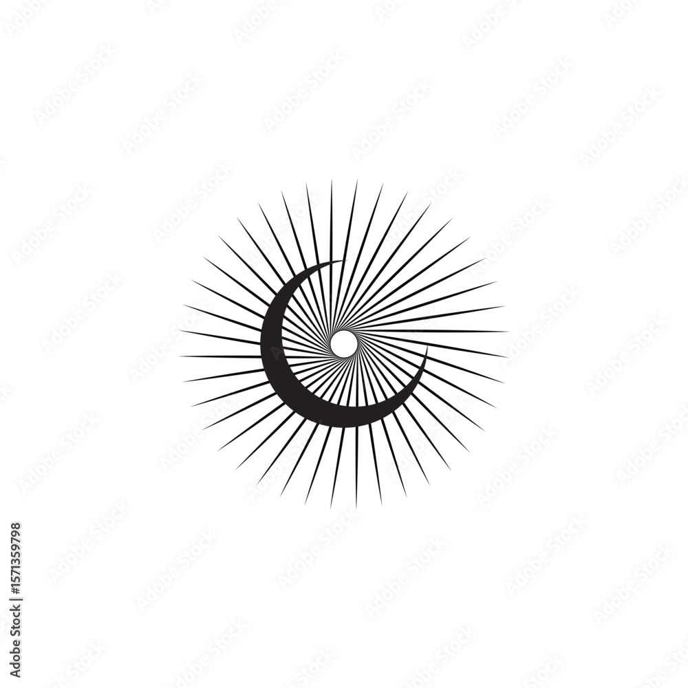 Obraz premium Sun, sunshine, sunbeam, sunrise, sunset, stars, crystal, magic symbols. Line hand drawn illustration. Sun icons, design. Muslim arabian symbol. Space shapes for design. Vector solar eclipse collection