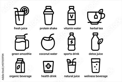 Variety of beverage icons vector illustration for health and wellness themes in line style