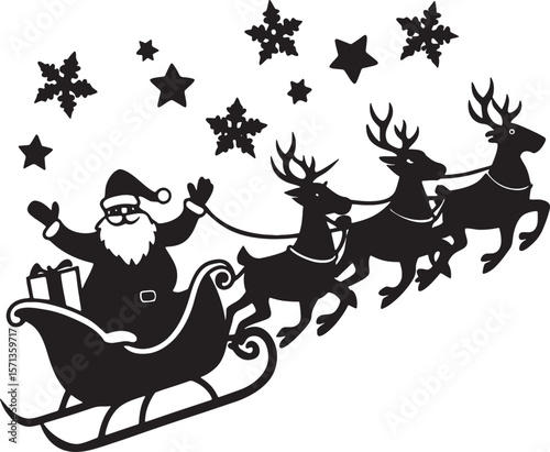 Santa Claus flying in sleigh with reindeer silhouette vector on white background