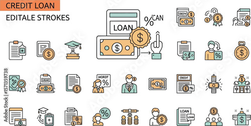 A set of credit loan editable stroke icons representing financial concepts