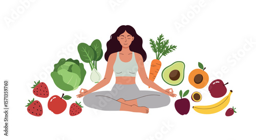 Meditation and healthy living vector illustration with fruits and vegetables for wellness design