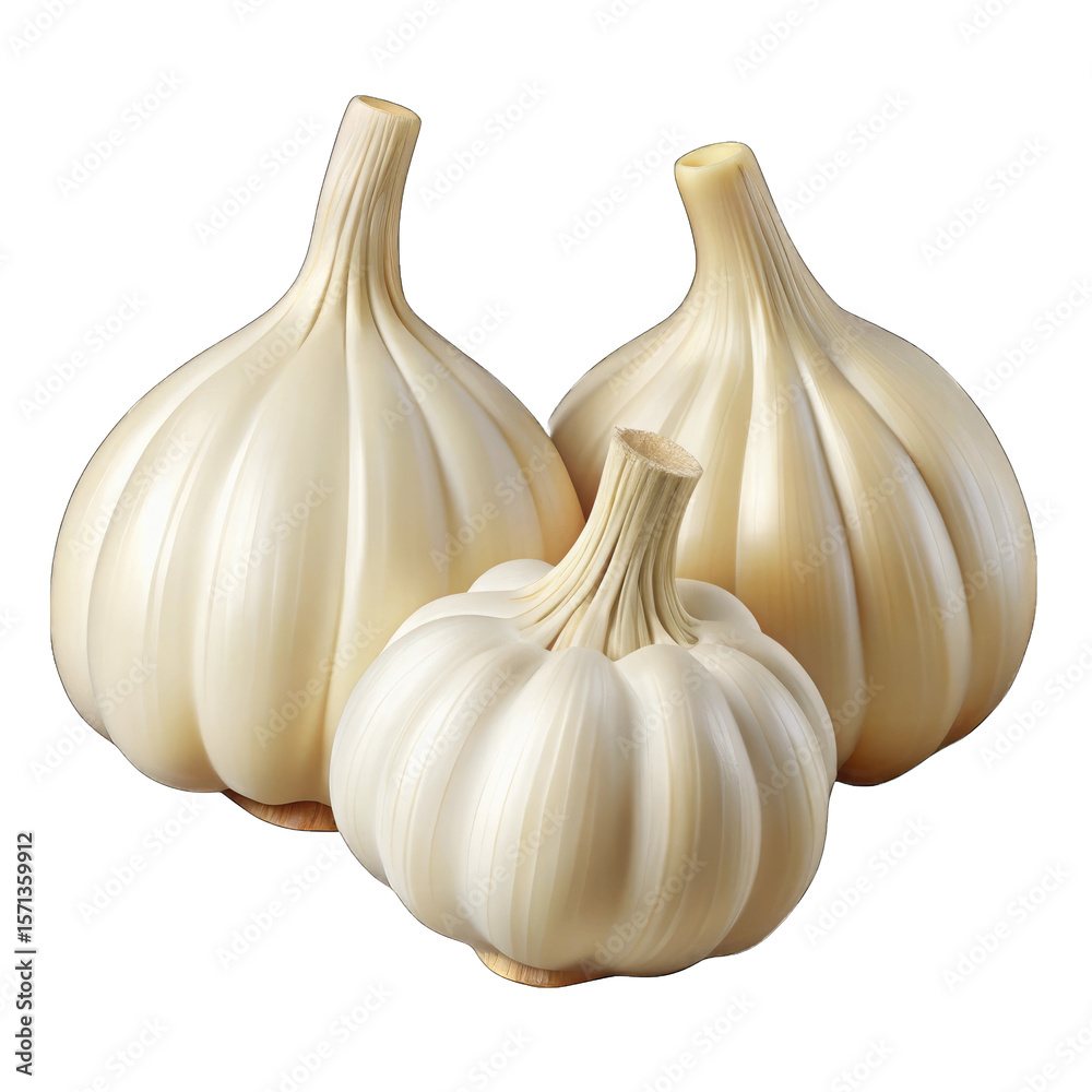Obraz premium Three whole garlic bulbs with stems isolated on transparent background