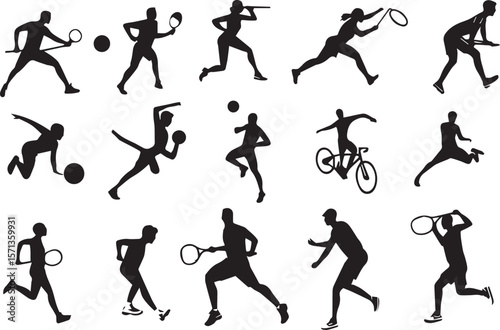 Collection of vector sport and fitness silhouettes of people, including women, men, runners, dancers, and tennis players in various action poses