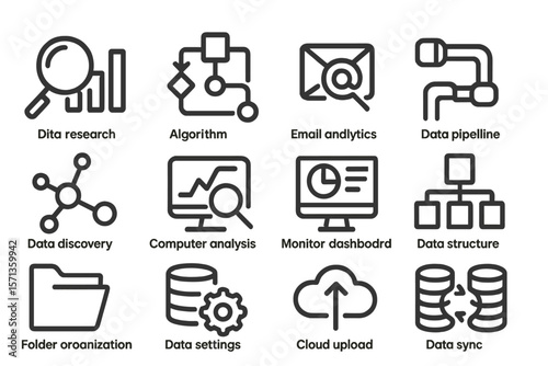 Data analysis and management icons vector illustration for digital solutions and technology tools