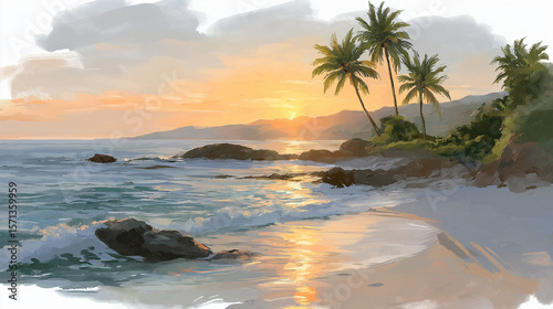 Golden Hour Beach: An impressionist painting depicts a tranquil beach scene bathed in the warm light of the setting sun, palm trees swaying gently along the shore.