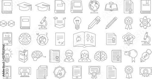 Collection of education and learning icons in outline style on white background