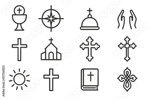 Christian symbols vector illustration for print design featuring crosses and church icons
