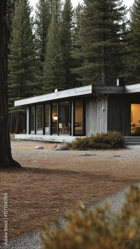 Stylish cabin surrounded by towering pine trees, showcasing large windows reflecting warm indoor light.