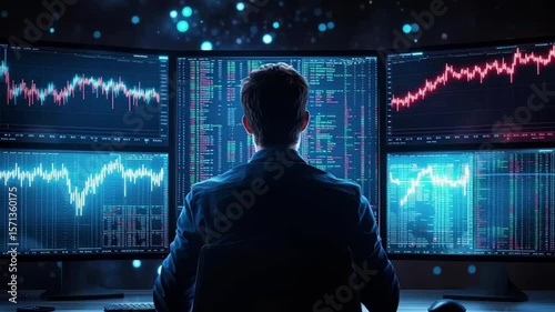 Investor monitoring stock market performance on multiple screens, serious expression