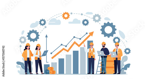 Construction team analyzing growth chart vector illustration for business success design