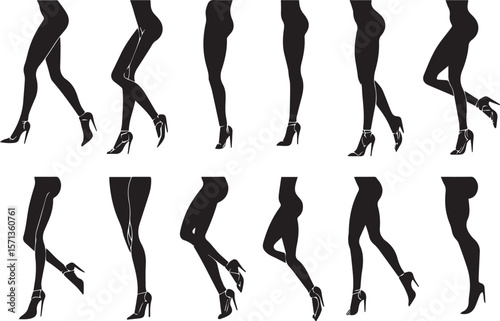 Fashionable collection of women's legs in black stockings, silhouetted for dance and sport illustration.