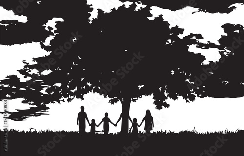 Vector illustration of a couple in love, people, and family under a tree silhouette in nature's park, with grass and a child playing in the garden during spring or summer, depicting childhood happines