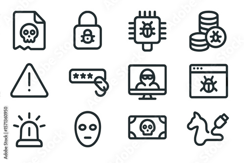 Cybersecurity threats vector illustration: hacking, malware, and data breach icon set for digital security design