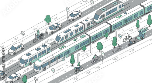 Isometric vector illustration of urban transportation with trains and vehicles for city design