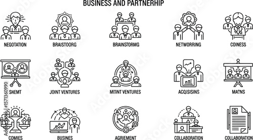 Business and partnership icons showing collaboration and negotiation tasks