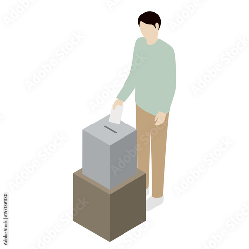 選挙で投票箱に投票用紙を入れる男性のアイソメトリックイラスト