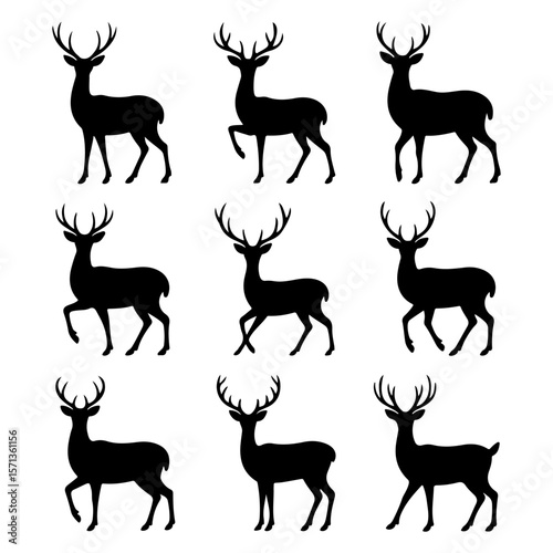 Set of of deer silhouettes design on different poses white background