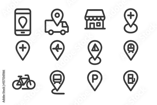 Location and navigation icons vector illustration for maps and apps design in flat style