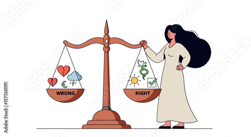 Ethical decision making concept vector illustration with scales and symbols in flat design