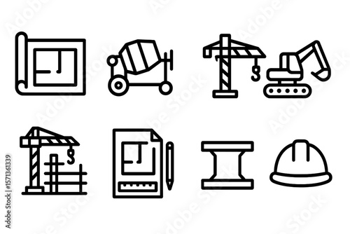 Construction tools and equipment vector illustration - line icons for design projects