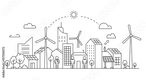 Sustainable urban landscape with renewable energy sources vector illustration in line style for eco-friendly designs