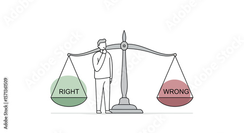 Ethical decision making concept with man and scales of justice vector illustration