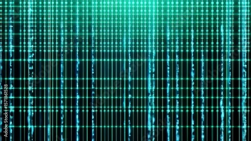 Futuristic Digital Grid Pattern with Glowing Neon Lines and Data Visualization in Abstract Cyber Environment Featuring Vertical Streams of Luminous Binary Code and High Tech Technology Background