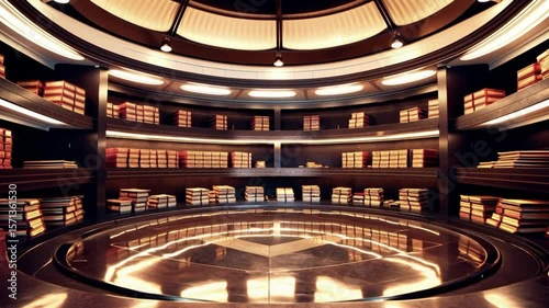 Futuristic library interior with circular design, illuminated shelves filled with books, reflective floors, and modern high tech architecture creating sleek, secure archive environment