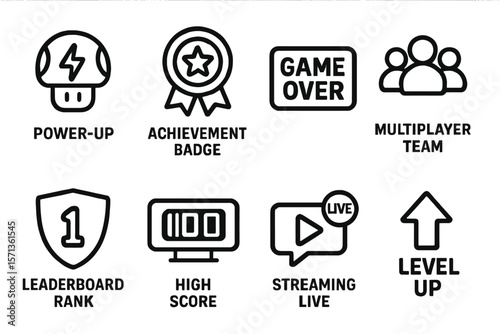 Gaming icons vector illustration: power up, achievements, multiplayer, live streaming elements