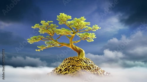 Enchanting mystical tree with lush green leaves growing on mound covered in gold coins beneath cloudy sky, creating magical fantasy landscape symbolizing wealth, prosperity, and natural beauty