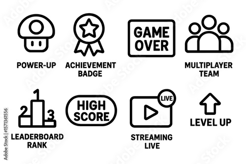 Minimalist gaming icons vector illustration: power up, multiplayer, achievement badges for digital design