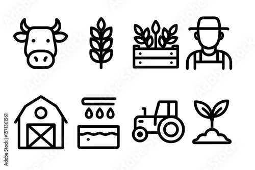 Agriculture and farming vector illustration: icons of cow, wheat, barn, tractor, and farmer for eco-friendly designs