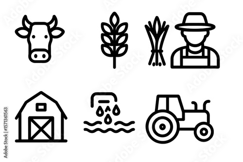 Agriculture and farming icon set vector illustration - farm, tractor, cow, barn, wheat