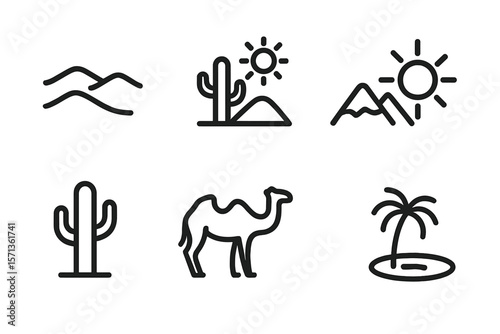 Desert landscape icons vector illustration with camel, cactus, and sun elements - minimalist line style design