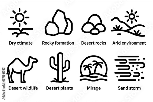Desert elements vector illustration: icons of dry climate, rocky formations, and desert wildlife