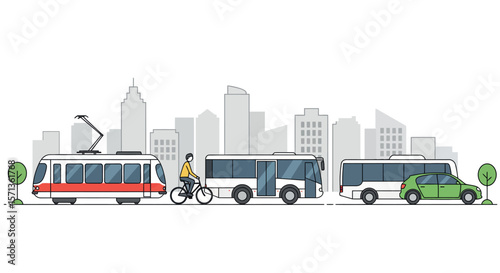 Urban transportation vector illustration: cityscape with tram, bus, bicycle, and car